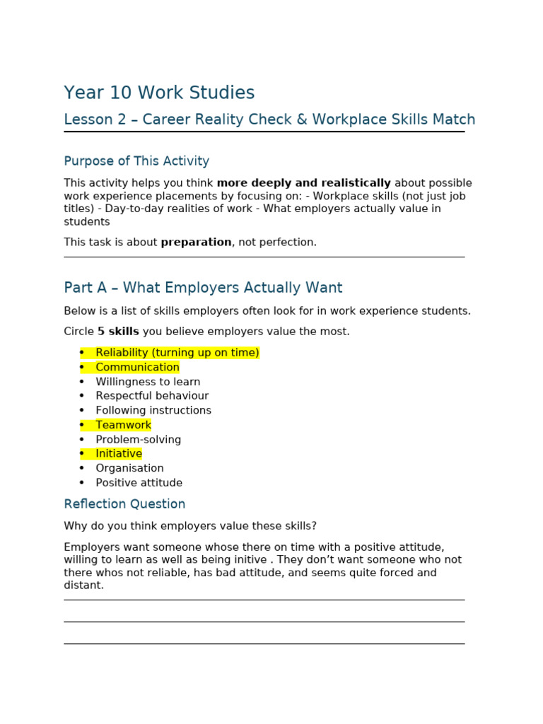 L Done Lesson 2 Work Experiance - Copy 1 | PDF | Skill | Behavior ...