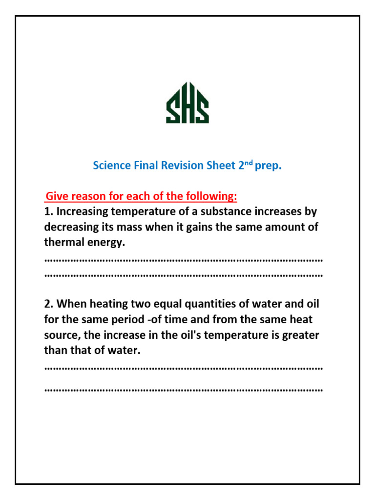 Science Final Revision Sheet 2nd Prep. 1st Term 2 | PDF | Heat ...