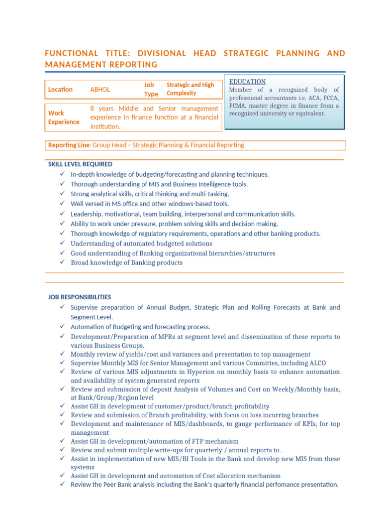 1.0 Divisional Head Strategic Planning & Management Reporting | PDF ...