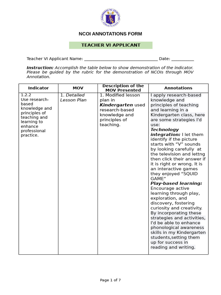 NCOI Annotations Form For Teacher VI Applicant | PDF | Educational ...