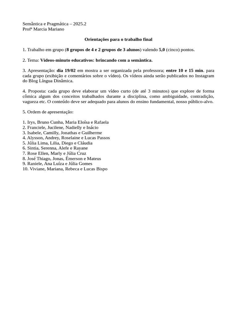 Orientaes para Trabalho Final - Semntica e Pragmtica - 2025.2 | PDF