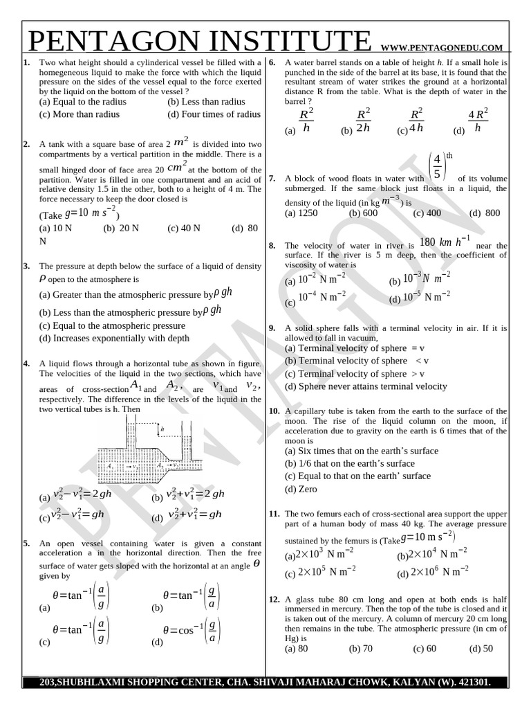 Fluid Practice Ques 12th Jee | PDF | Pressure | Drop (Liquid)