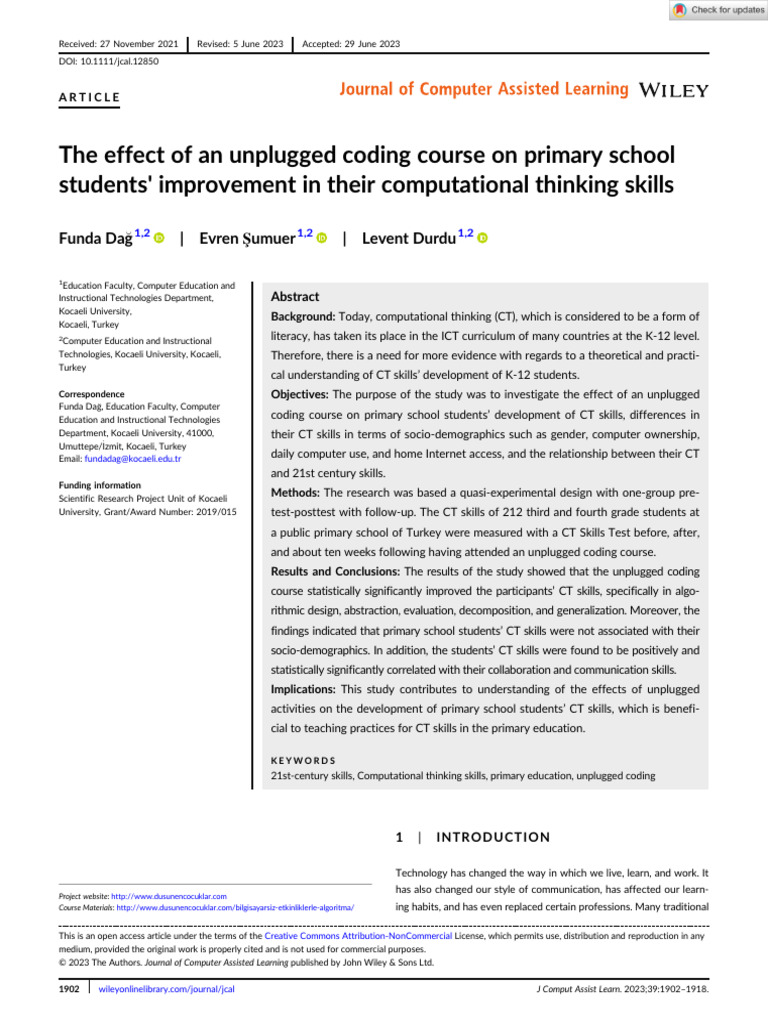 Computer Assisted Learning - 2023 - Dağ - The Effect of an Unplugged ...