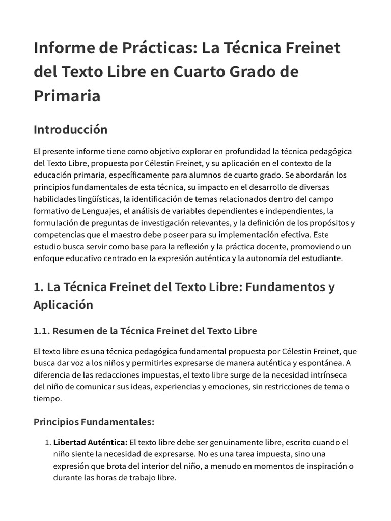 Informe de Prácticas La Técnica Freinet Del Texto | PDF | Aprendizaje ...