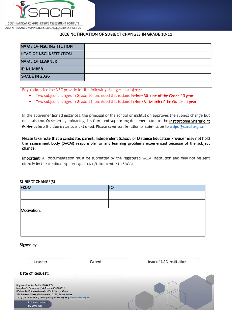 2026 Notification of Subject Changes in Grade 10-11 | PDF