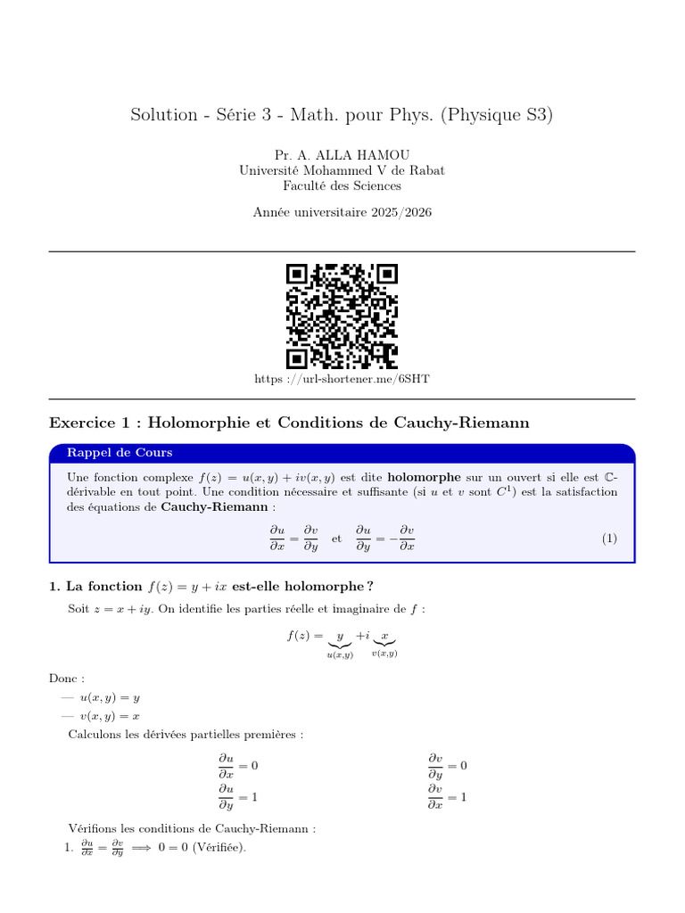 Td3 Math Phy Solution | PDF | Fonction holomorphe | Mathématiques