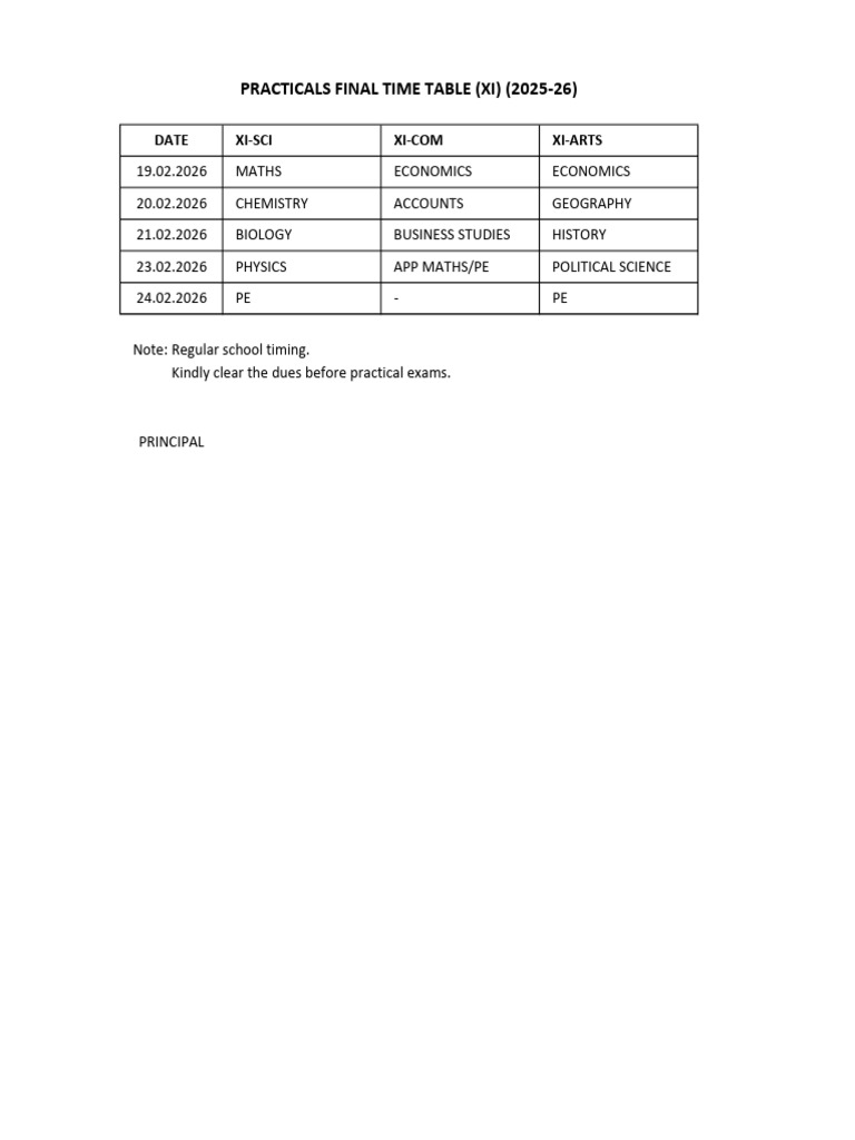 Xi Practical Time Table | PDF