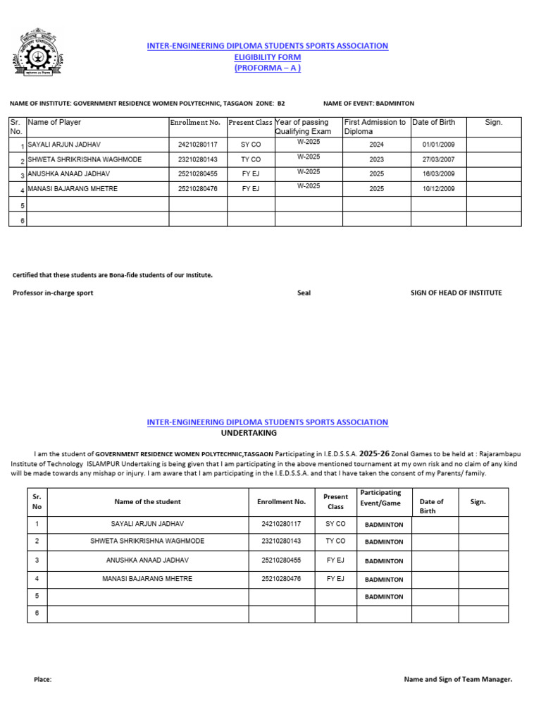 Eligibility Form and Undertaking 1 | PDF | Games Of Physical Skill