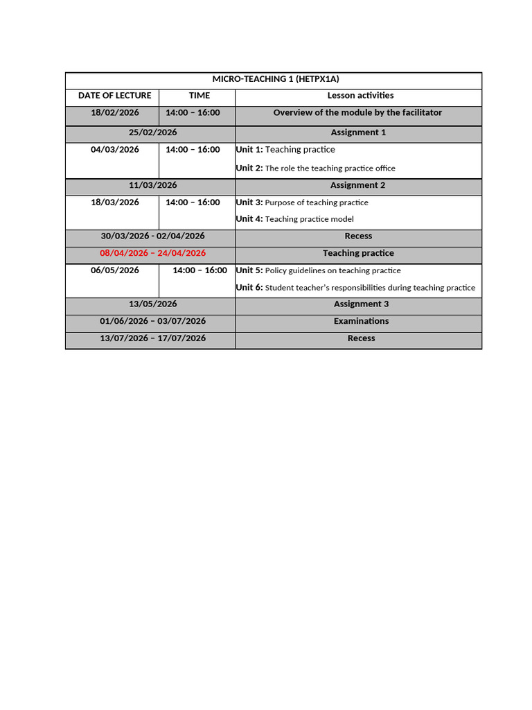 Teaching Practice Work Schedule | PDF | Mentorship | Teachers