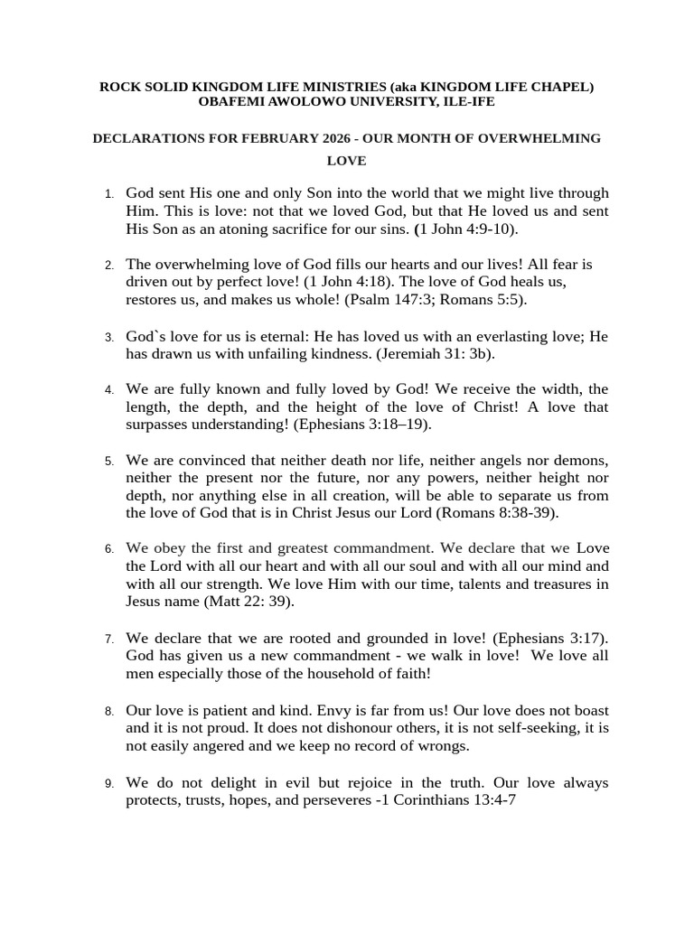 Declarations For February - 2026 | PDF | Love | God In Christianity