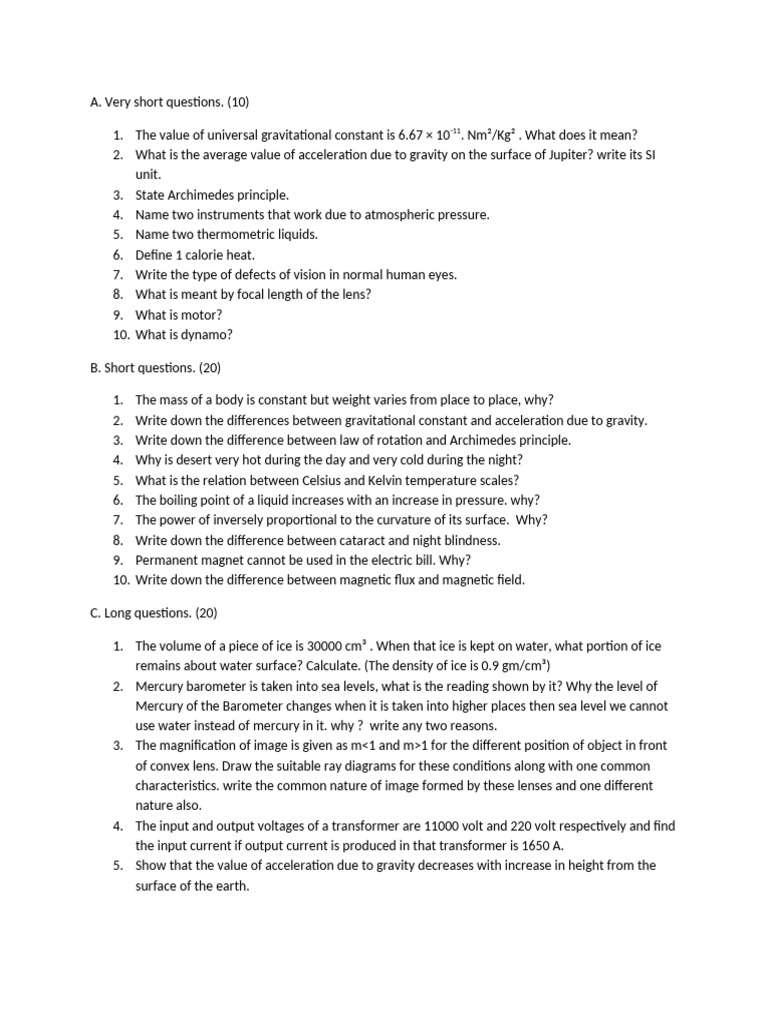 A. Very Short Q-WPS Office | PDF | Gravity | Pressure