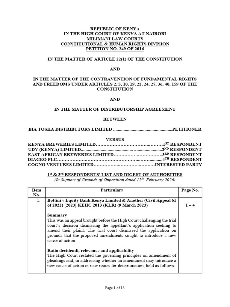 KBL & EABL's List, Digest and Bundle of Authorities - Supporting ...