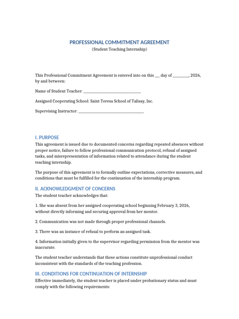 Professional Commitment Agreement Student Teaching | PDF | Teachers