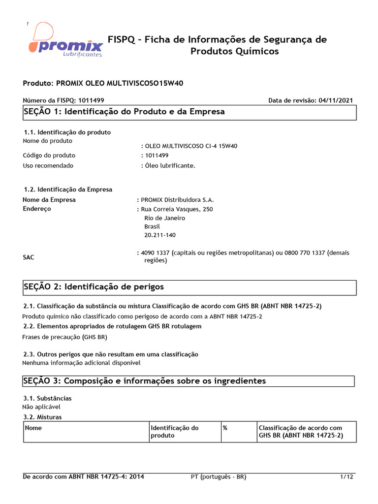 Fispq BR PT Promix 15w40 | PDF | Substancias químicas | Compostos químicos