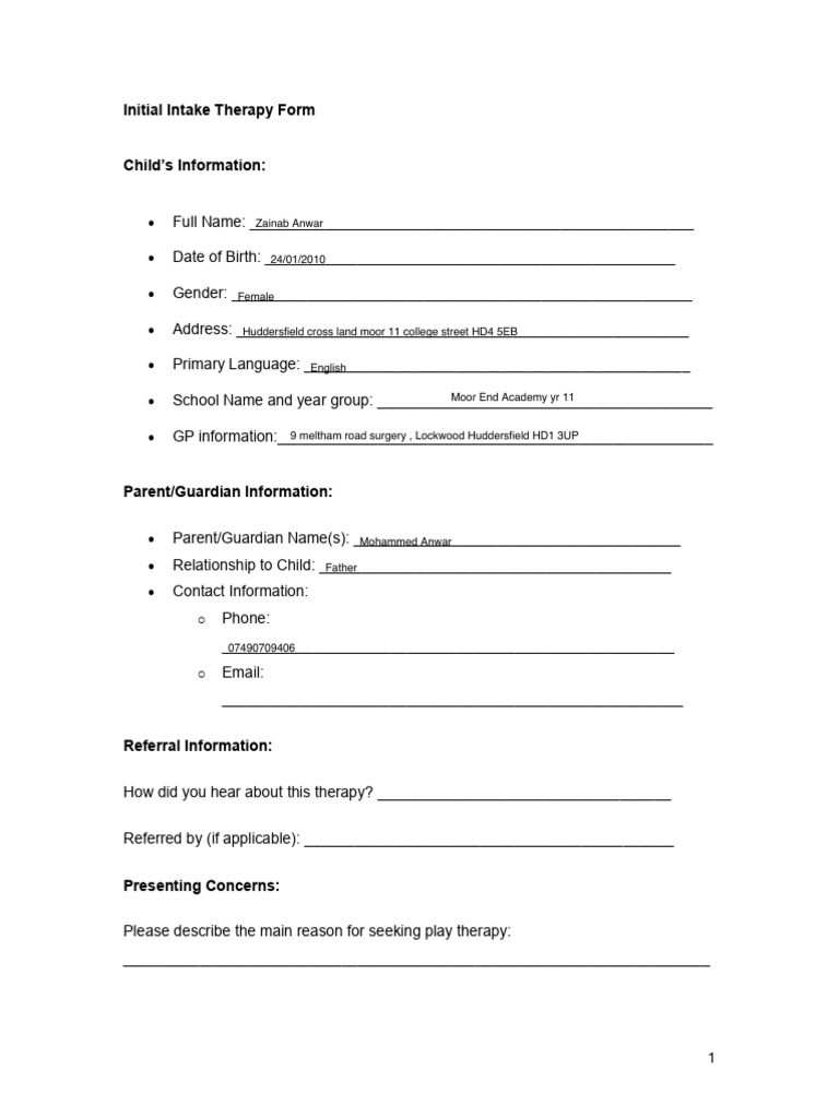 A-Initial Intake Therapy Form | PDF | Psychotherapy | Psychology