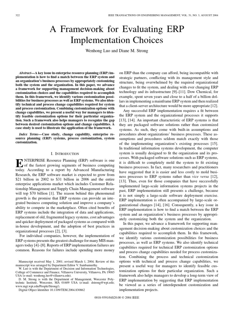 A Framework For Evaluating ERP Implementation Choices | PDF ...
