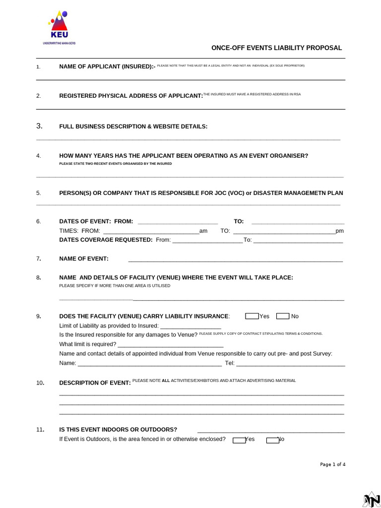 2012-09 Once Off Event Liability Proposal Form | PDF | Tent