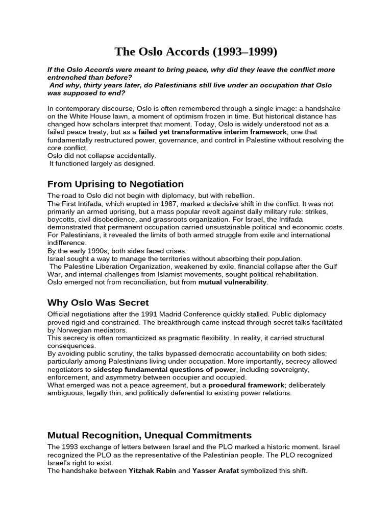The Oslo Accords (1993-1999) | PDF | Palestine Liberation Organization ...