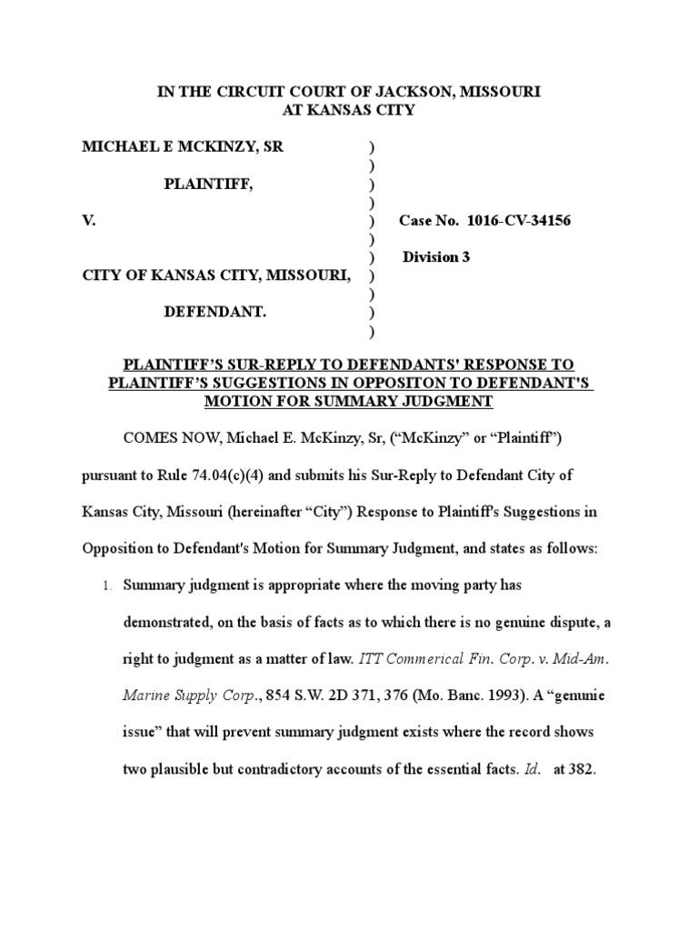 McKinzy v. Kansas City Summary Judgment Response | PDF | Virginia ...