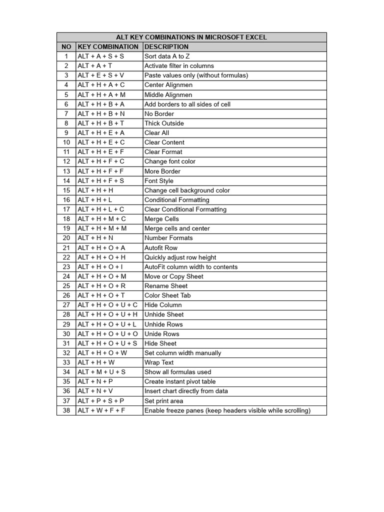Excel_Alt Key Combinations | PDF
