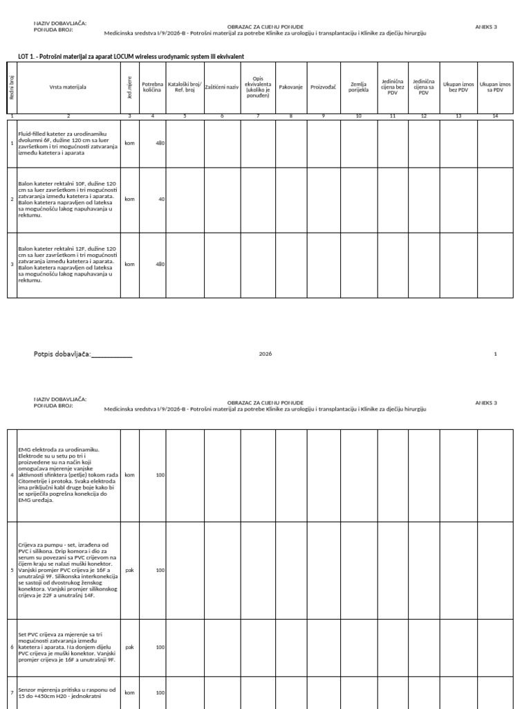 MS I-9-2026-B - Potrošni Za Uro. I Dječ. Hirurg. - 11 LOTova - UPIT | PDF