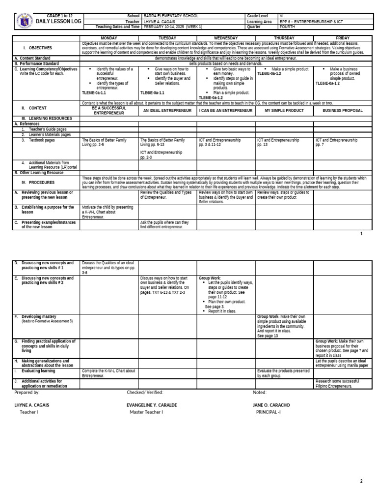 DLL EPP6-ICT Q1 W1 | PDF | Educational Technology | Entrepreneurship