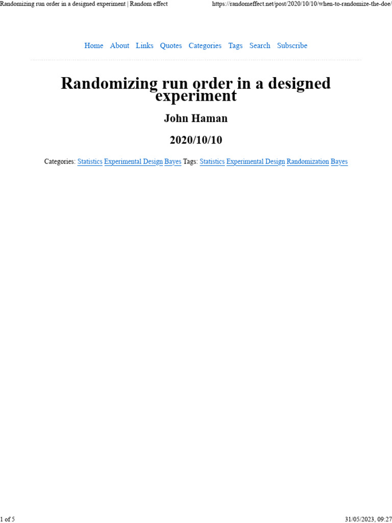 Randomizing Run Order in a Designed Experiment Random Effect | PDF ...