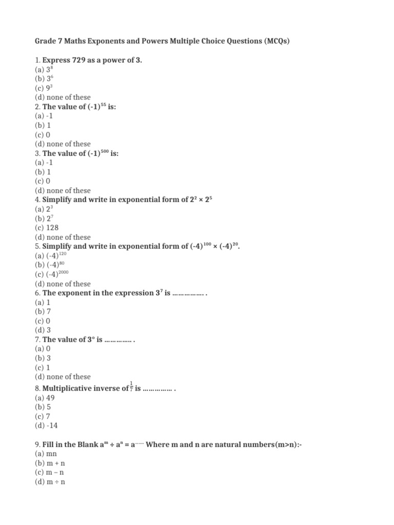 Grade 7 Maths Exponents and Powers Multiple Choice Questions (Practice ...
