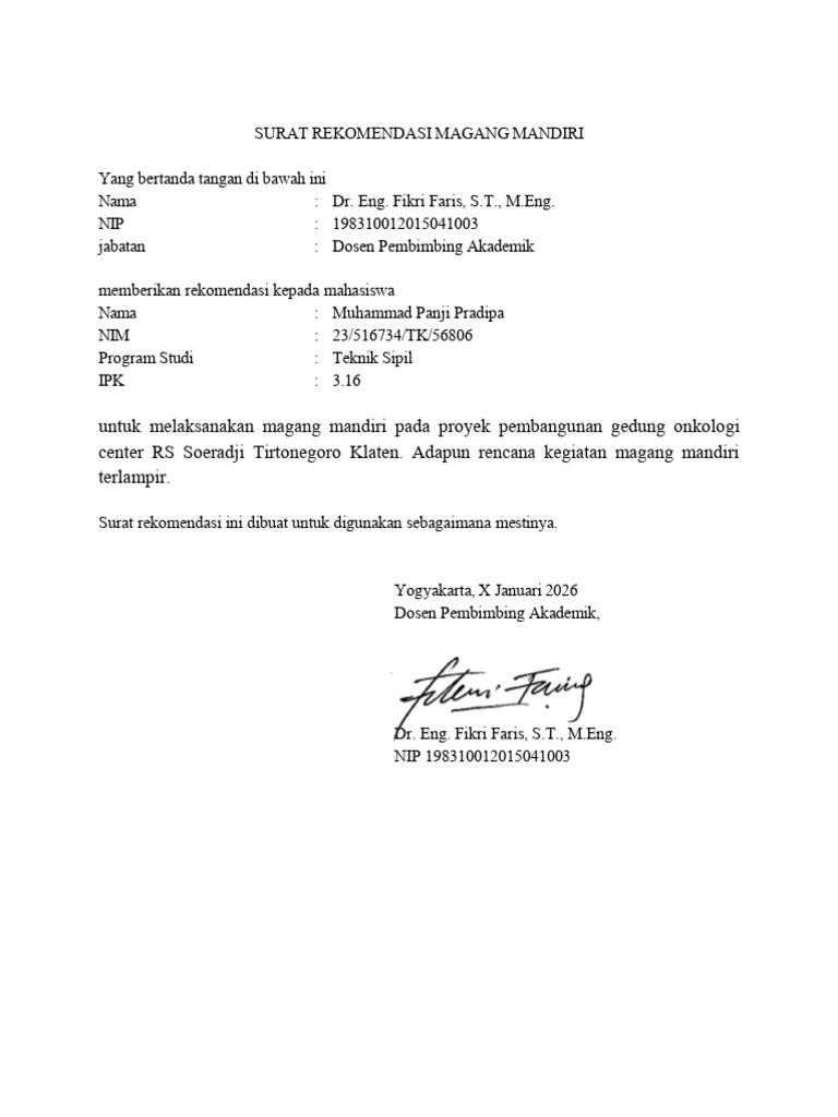Surat Rekomendasi Magang Mandiri Muhammad Panji Pradipa TTD | PDF