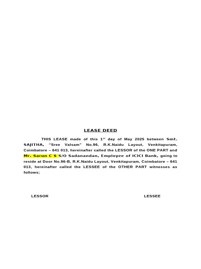 Lease Deed of Sarun C S | PDF | Lease | Business Law