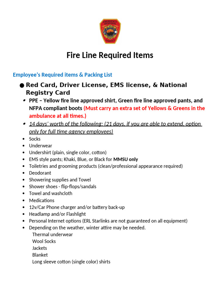 Required Fire Line Items & Packing List | PDF | Trailer (Vehicle)
