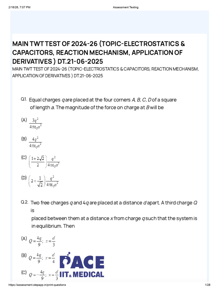 Main TWT Test of 2024-26 (Topic-Electrostatics & Capacitors, Reaction ...