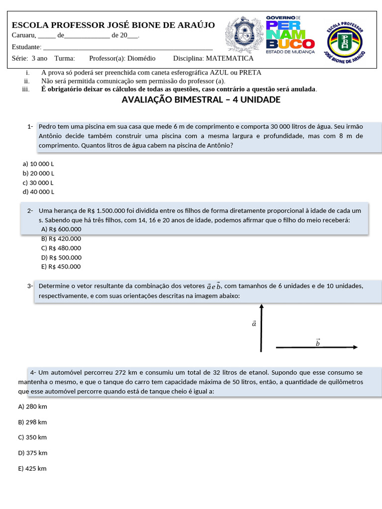 Prova Bimestral IV Unidade 3 º Ano | PDF