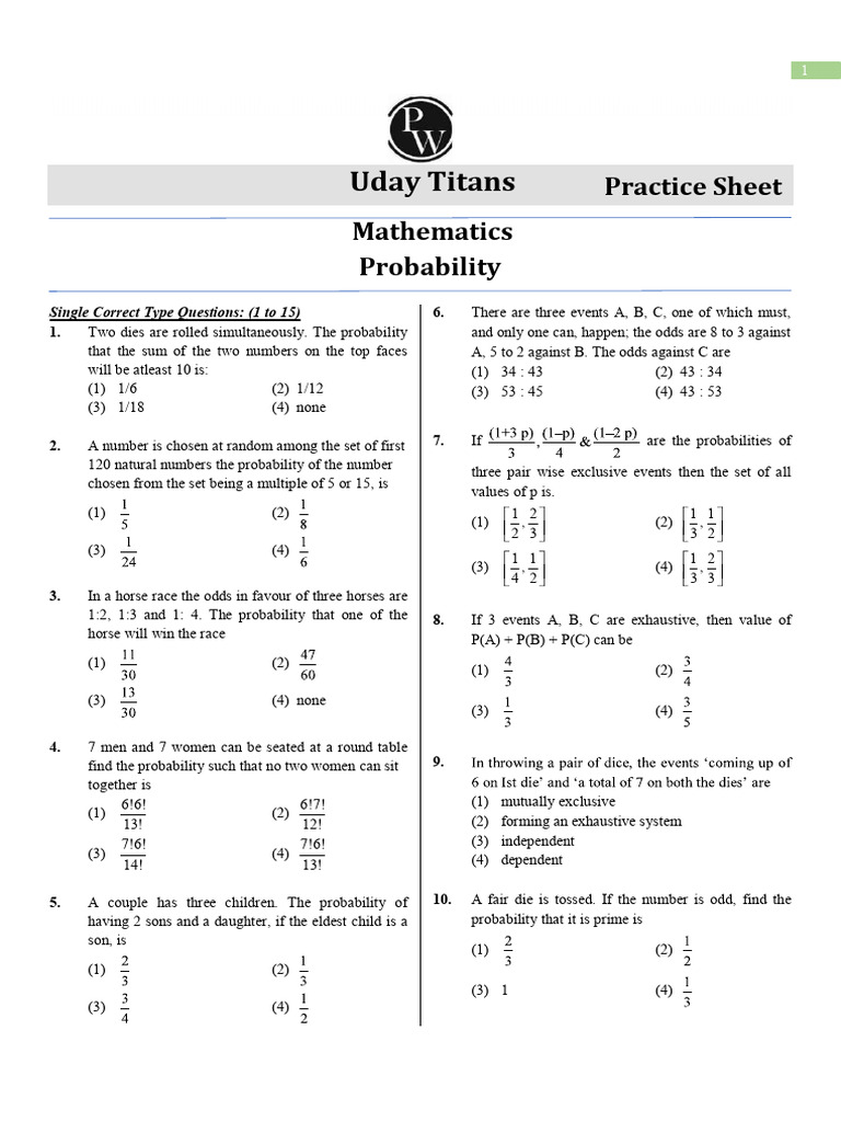 Probability - Practice Sheet | PDF | Odds | Probability