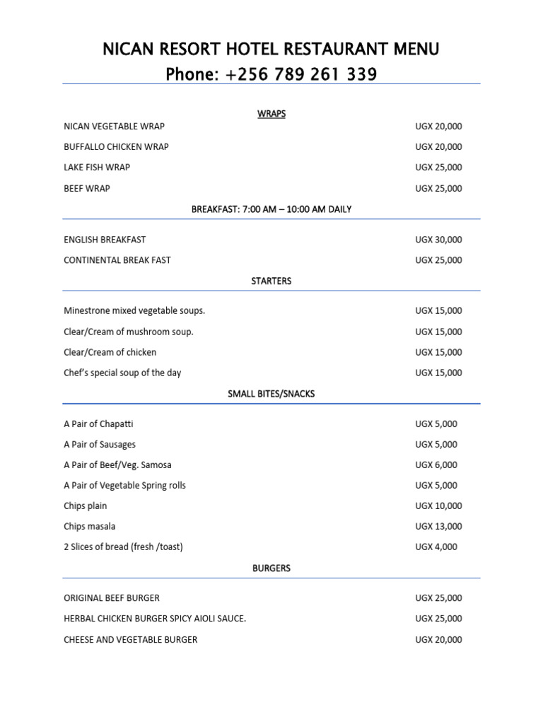 Nican Resort Hotel Restaurant Menu | PDF | Hamburgers | Pizza