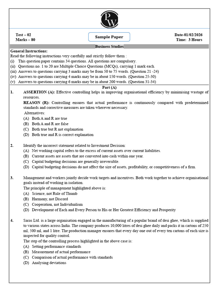Sample Paper Bs Pw | PDF | Sales | Business