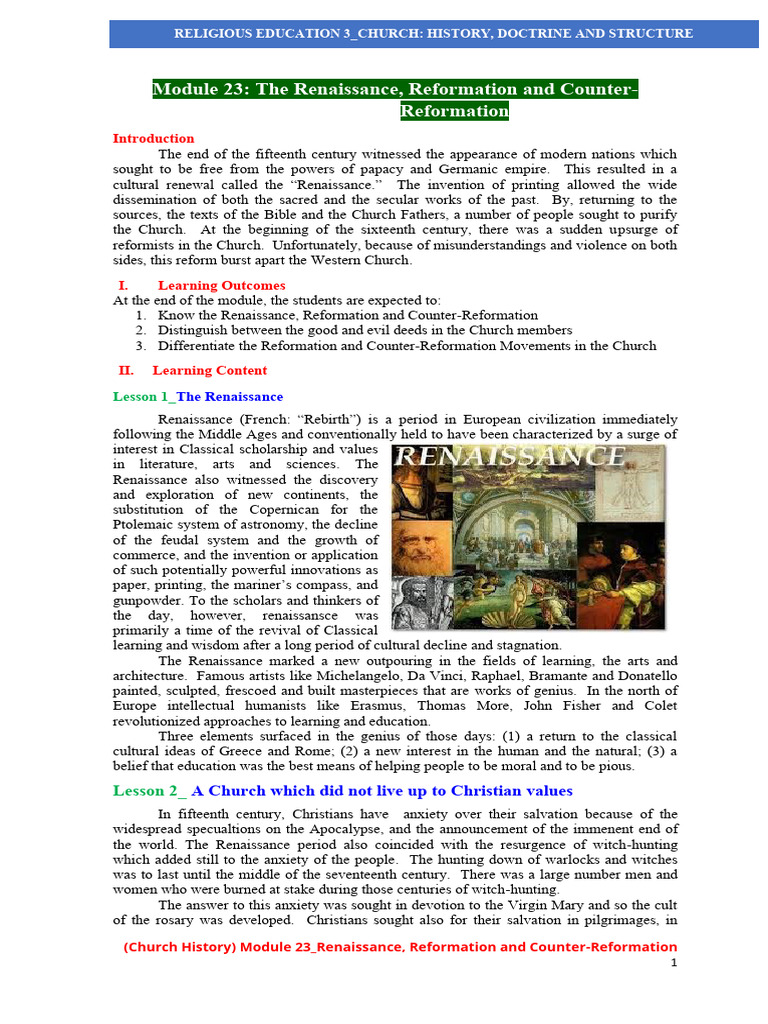 RE 3 - Module 23 - The Renaissance, Reformation and Counter Reformation ...