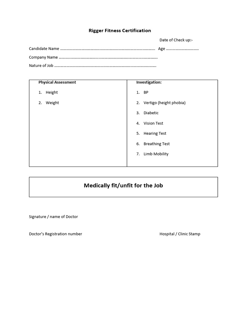 Rigger Medical Fitness Certificate | PDF