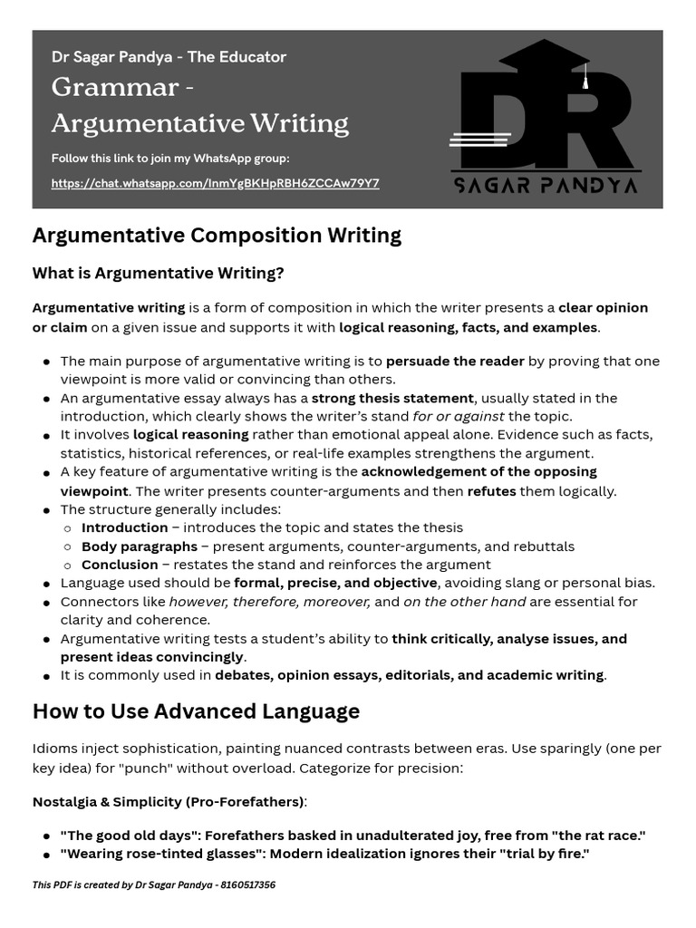 Grammar - Argumentative Writing - DR Sagar Pandya - The Educator | PDF ...