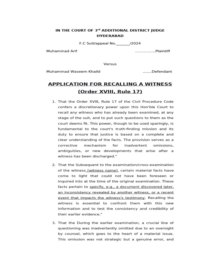 APPLICATION FOR RECALLING A WITNESS (Order XVIII, Rule 17) | PDF ...