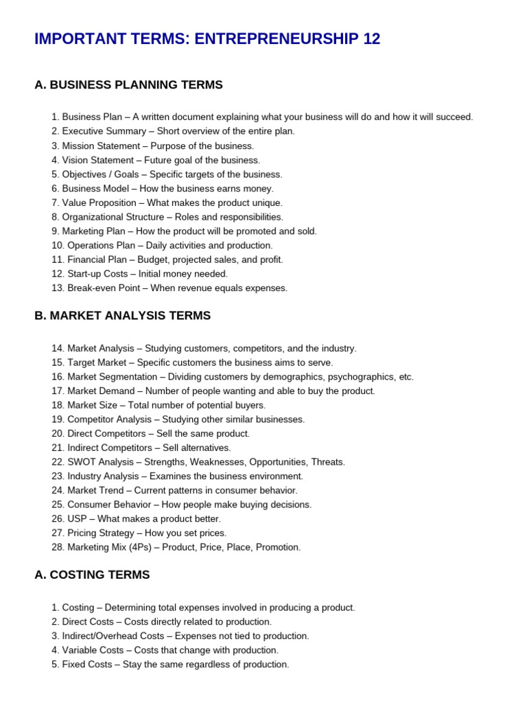 Entrepreneurship12 Important Terms | PDF | Marketing | Pricing
