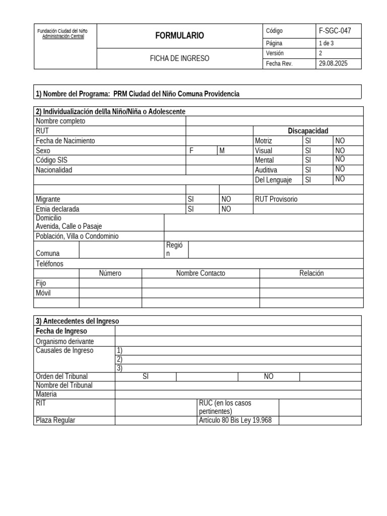 F SGC 047 1 Ficha de Ingreso | PDF