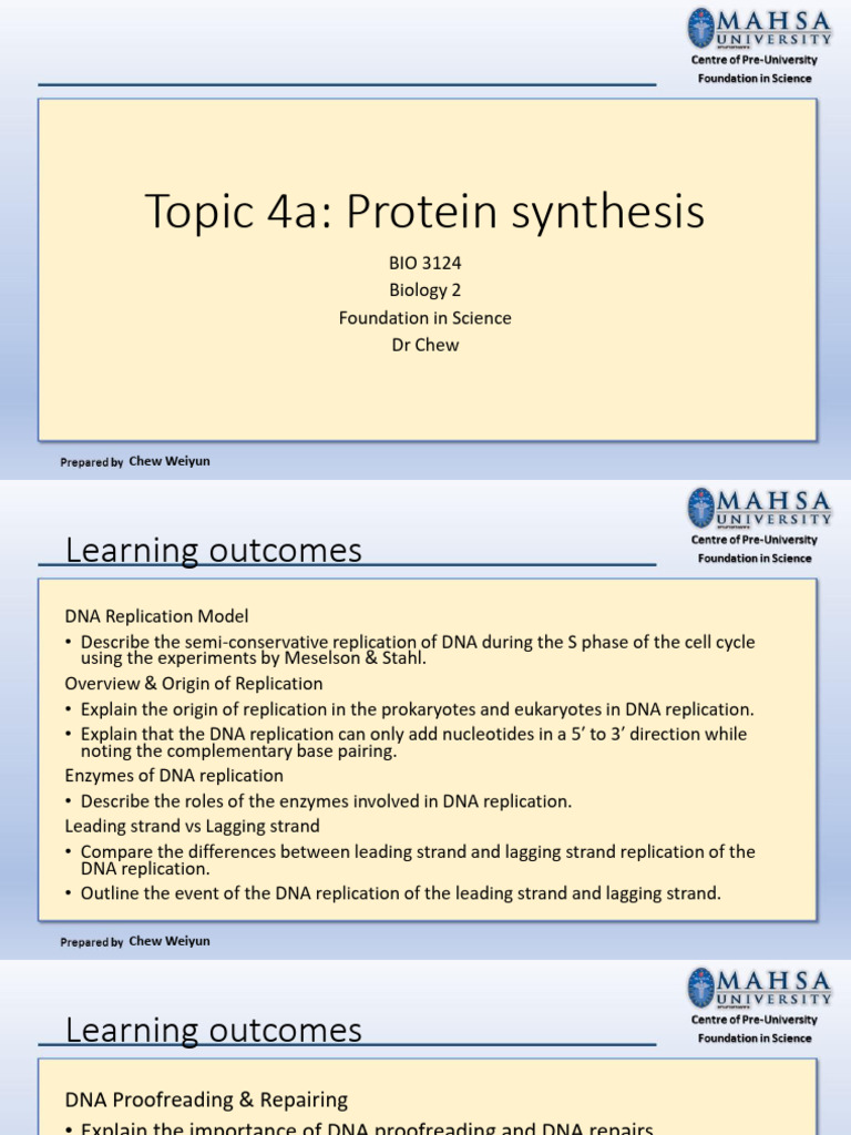 Topic 4a - Protein synthesis - stu v3 | PDF | Dna Replication | Dna