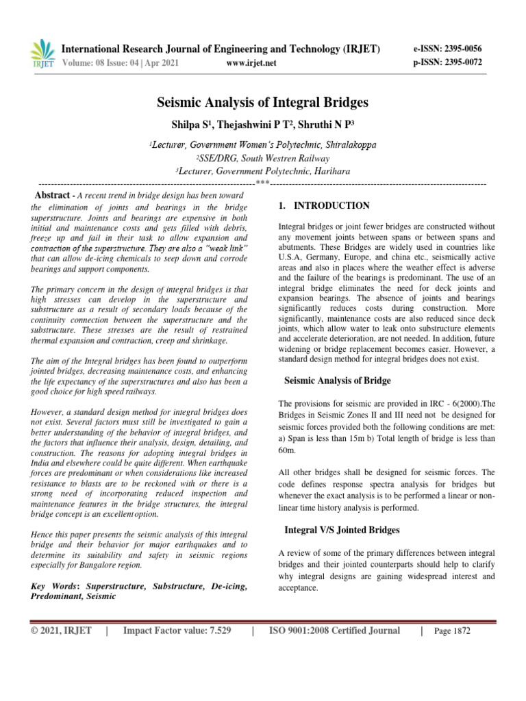 IRJET Seismic Analysis of Integral Bridg | PDF | Bridge | Creep ...