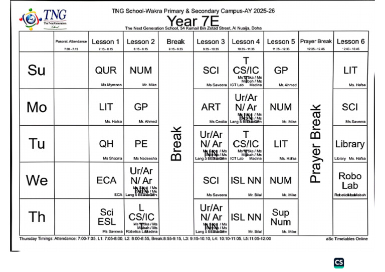 Eman Class Year 7E Timetable | PDF