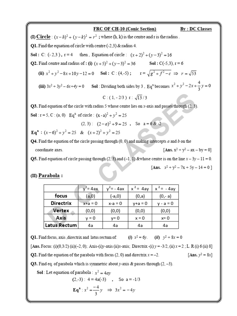 FRC of CH - 10 (Conic Section) | PDF | Elementary Geometry | Geometric ...