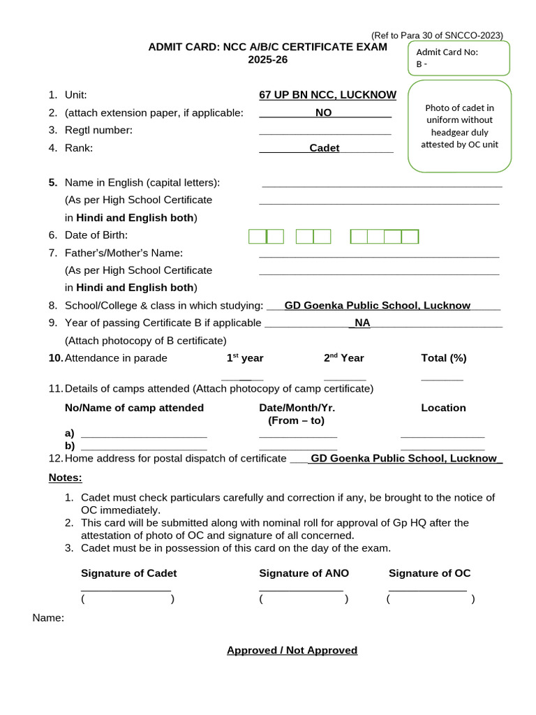 Admit Card NCC Certificate Exam | PDF | Chess Theory | Chess