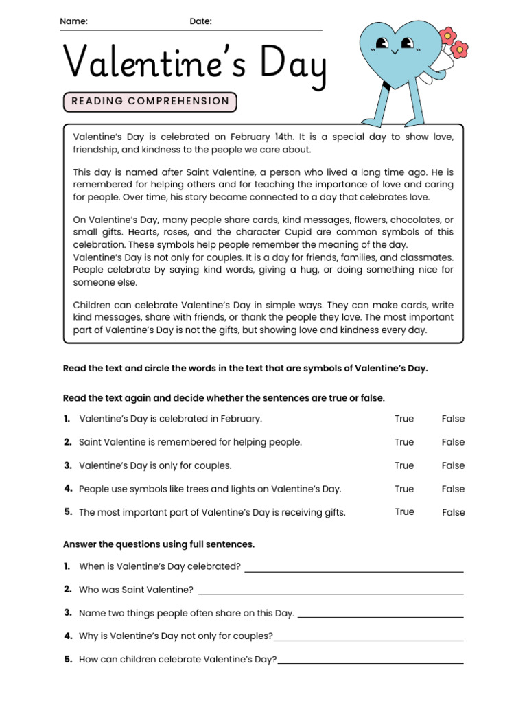 Valentine's Day Reading Comprehension Activity Worksheet in Colorful ...