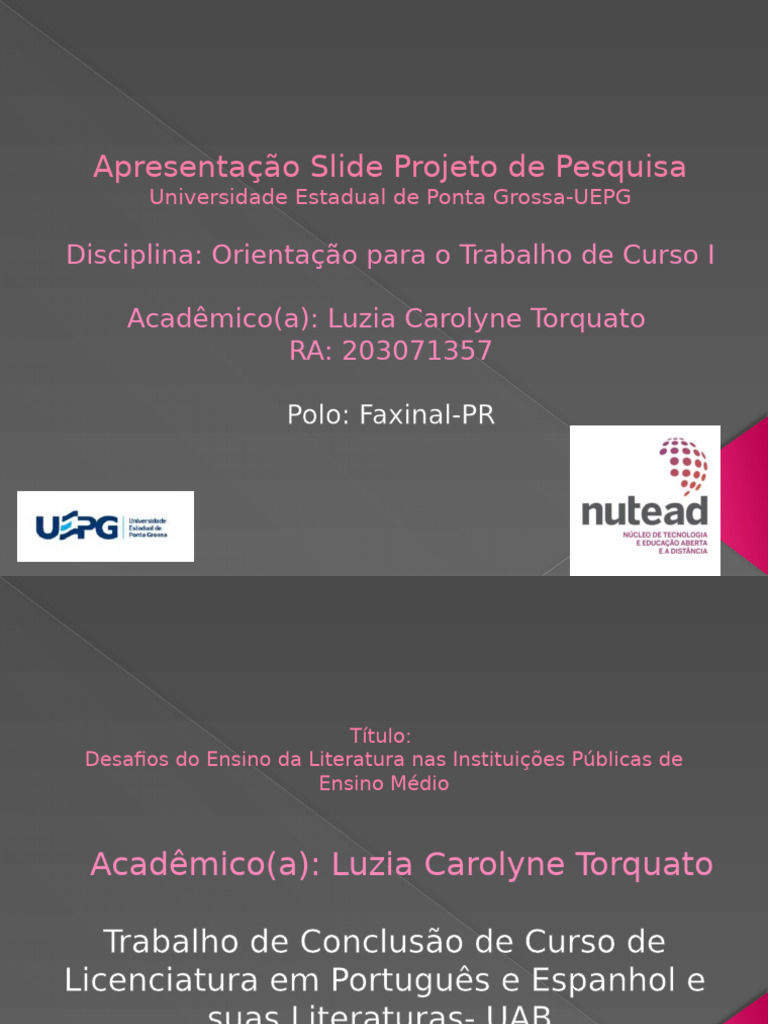 Apresentação Slide Projeto de Pesquisa Carol | PDF | Experiência ...