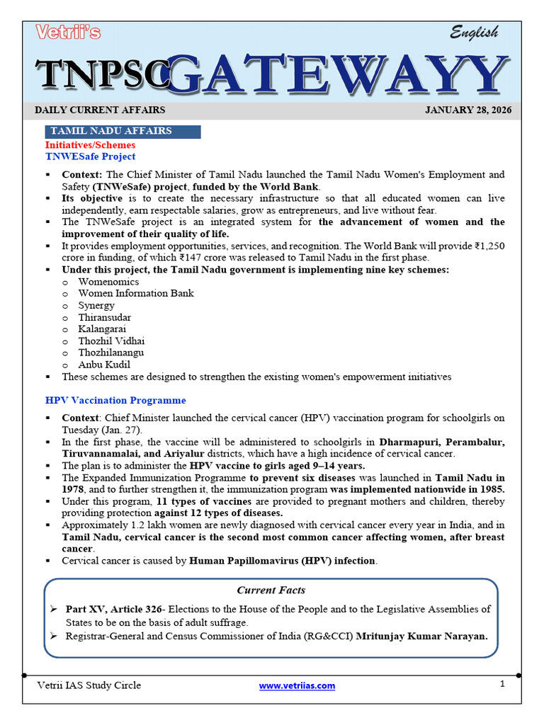 January 28, 2026 Daily Current Affairs | PDF | Cervical Cancer | Malaria